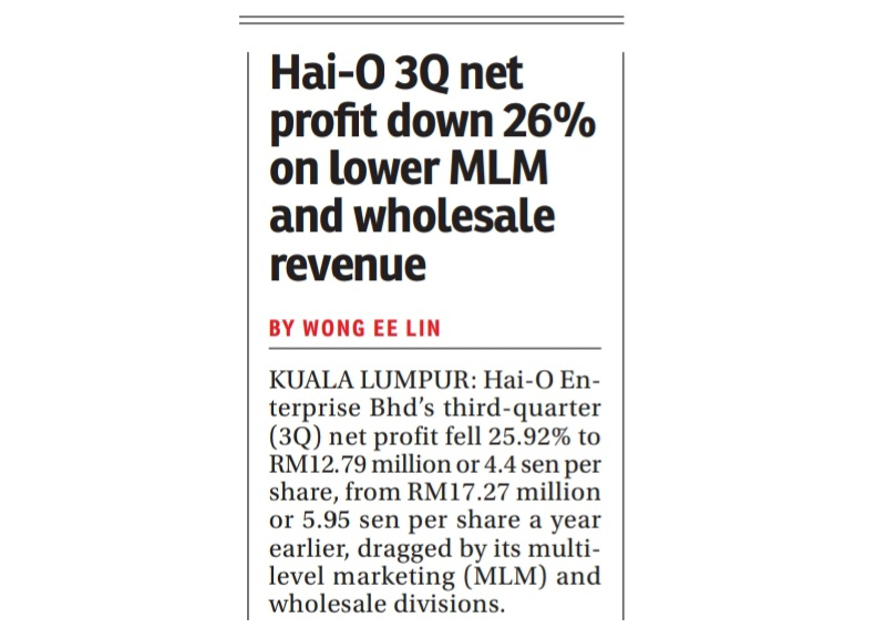 Hai-O 3Q net profit down 26% on lower MLM and wholesale revenue