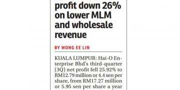Hai-O 3Q net profit down 26% on lower MLM and wholesale revenue